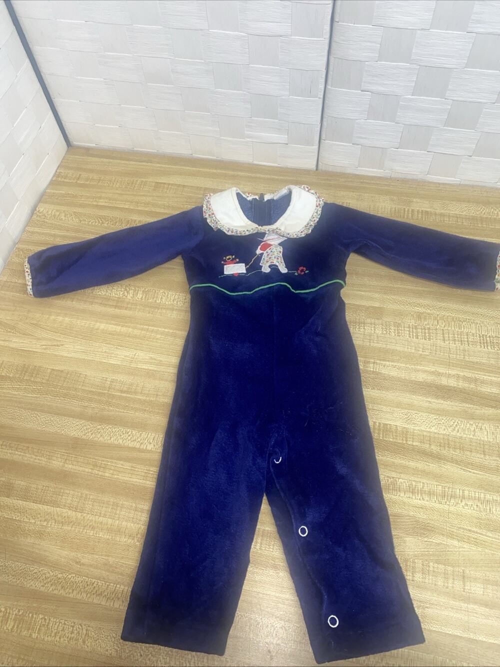 Vintage 70s 80s Baby Girl Velour One Piece Jumpsuit Blue 12 Mos Poly Blend